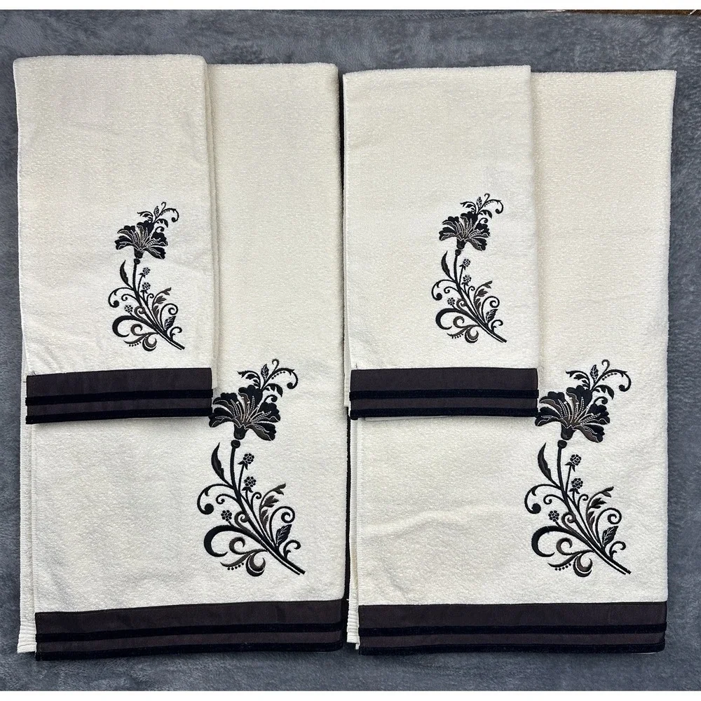 Avanti Towel Set 2 Bath Towels 2 Hand Towel Embroidered Cream Brown Floral New
